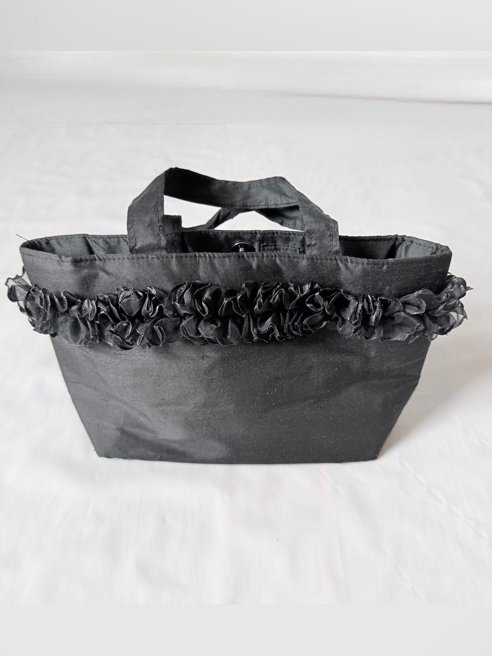 FRED Black fabric handbag with ruffled trim Tote vintage 1990s nWOT